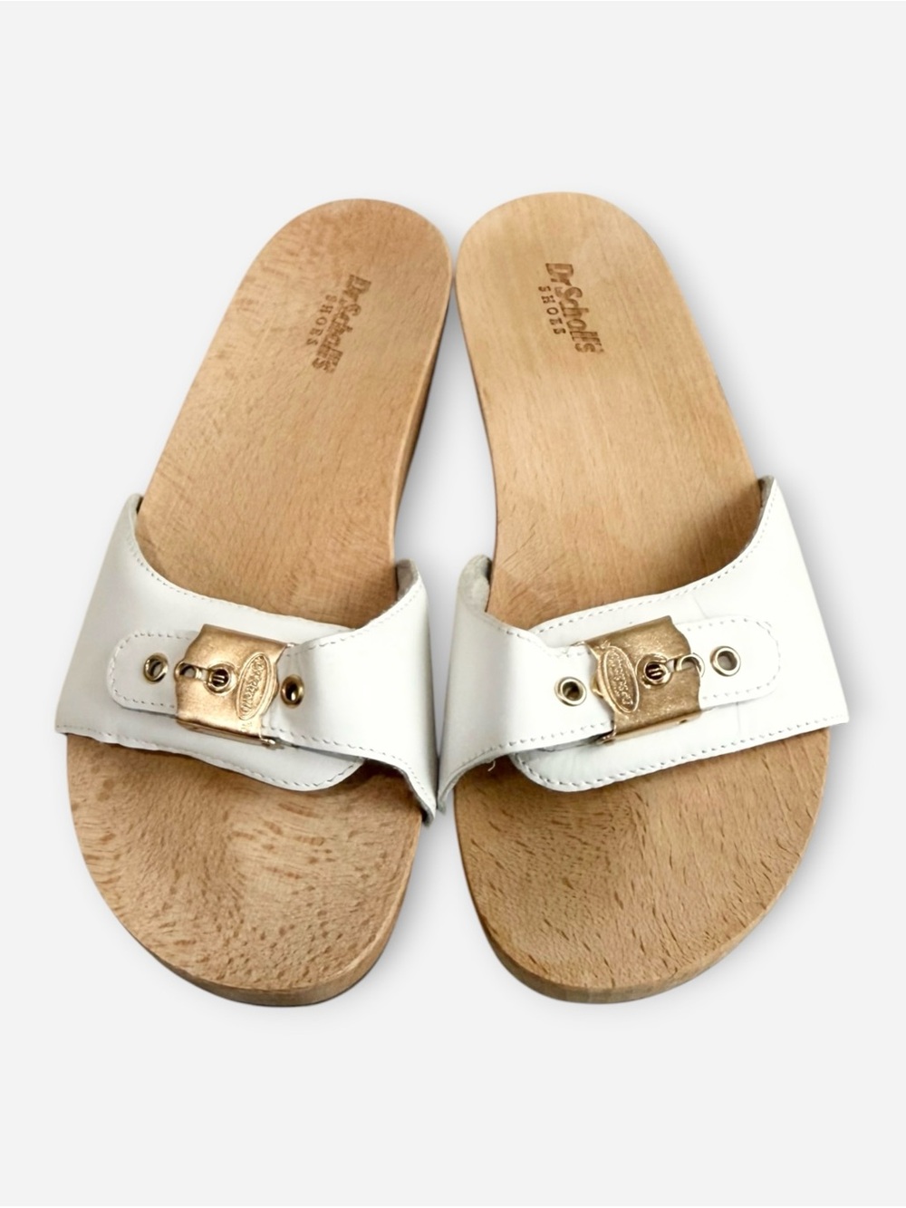 Dr. Scholl's Original Pescura Slide Sandals in White Leather with Gold Size 7